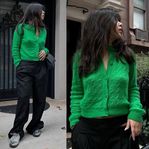 COS Sweaters - COS Cable-Knit Mohair Button Front Cardigan in Bright Green